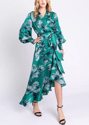 Elegant Green V Neck Print Lace Up Cotton Long Dresses Long Sleeve