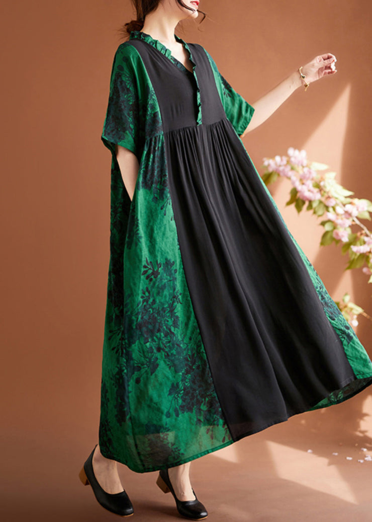 Elegant Green V Neck Print Patchwork Maxi Dresses Summer