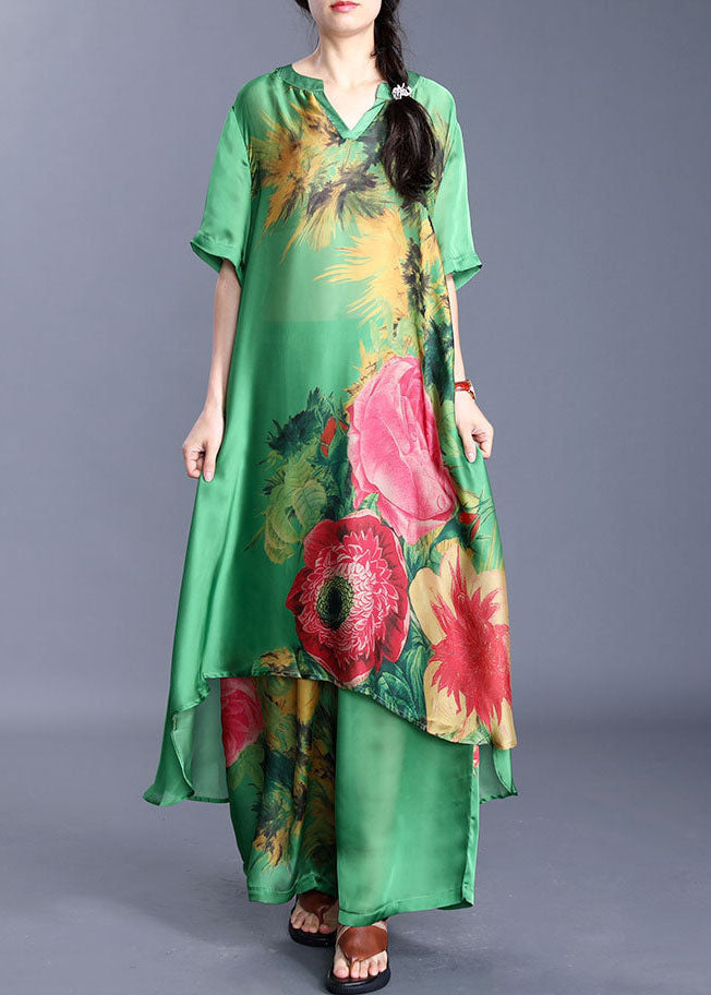 Elegant Green V Neck Print Silk Two-Piece Set Short Sleeve