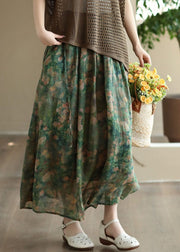 Elegant Green Wrinkled Pockets Patchwork Linen Skirts Summer