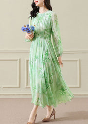 Elegant Green Wrinkled Print Chiffon Maxi Dress Long Sleeve