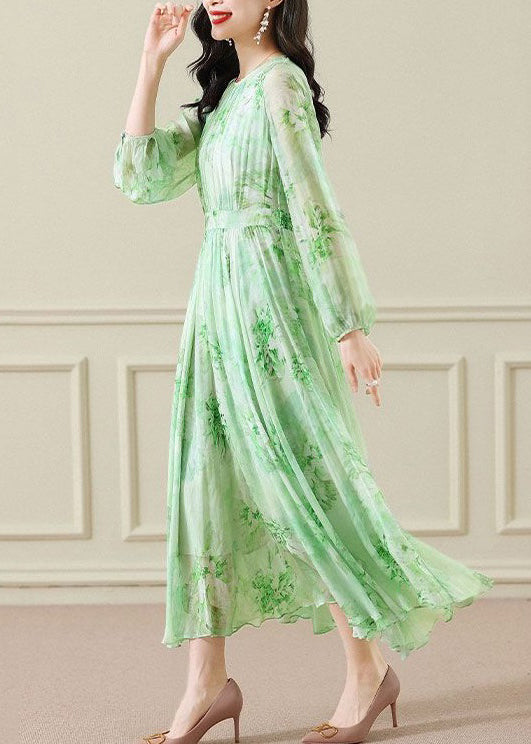 Elegant Green Wrinkled Print Chiffon Maxi Dress Long Sleeve