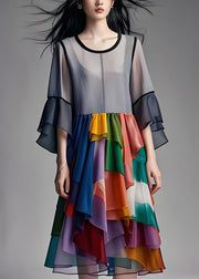 Elegant Grey Asymmetrical Design Wrinkled Patchwork Chiffon Dresses Summer