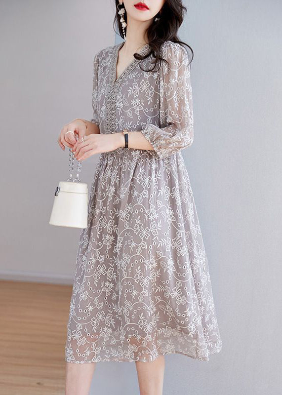 Elegant Grey Embroidered Nail Bead Patchwork Silk Dress Half Sleeve