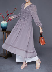 Elegant Grey Embroideried Tie Waist Silk Maxi Dresses Spring