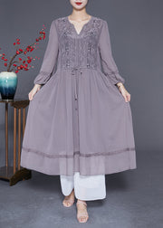 Elegant Grey Embroideried Tie Waist Silk Maxi Dresses Spring