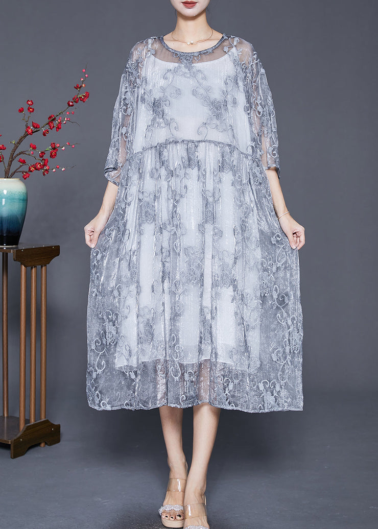 Elegant Grey Embroideried Tulle Robe Dresses Two Piece Set Summer