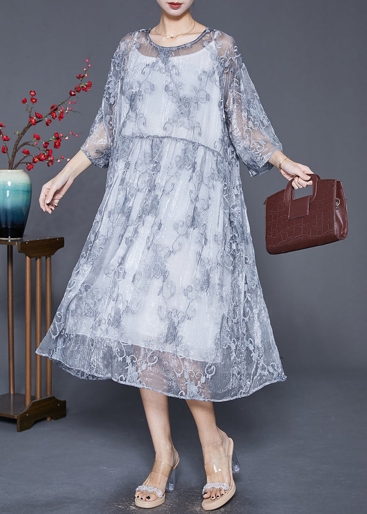 Elegant Grey Embroideried Tulle Robe Dresses Two Piece Set Summer