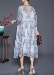 Elegant Grey Embroideried Tulle Robe Dresses Two Piece Set Summer