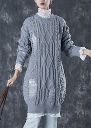 Elegant Grey Hollow Out Knit Ripped Sweater Dress Winter