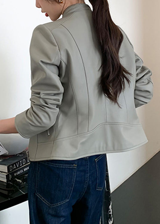 Elegant Grey O-Neck Sheepskin Jackets Long Sleeve