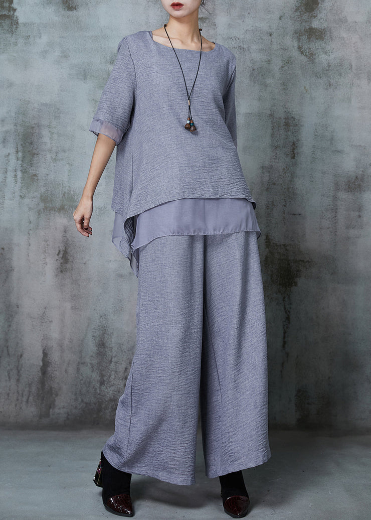 Elegant Grey Oversized Patchwork Linen Two Pieces Set Summer