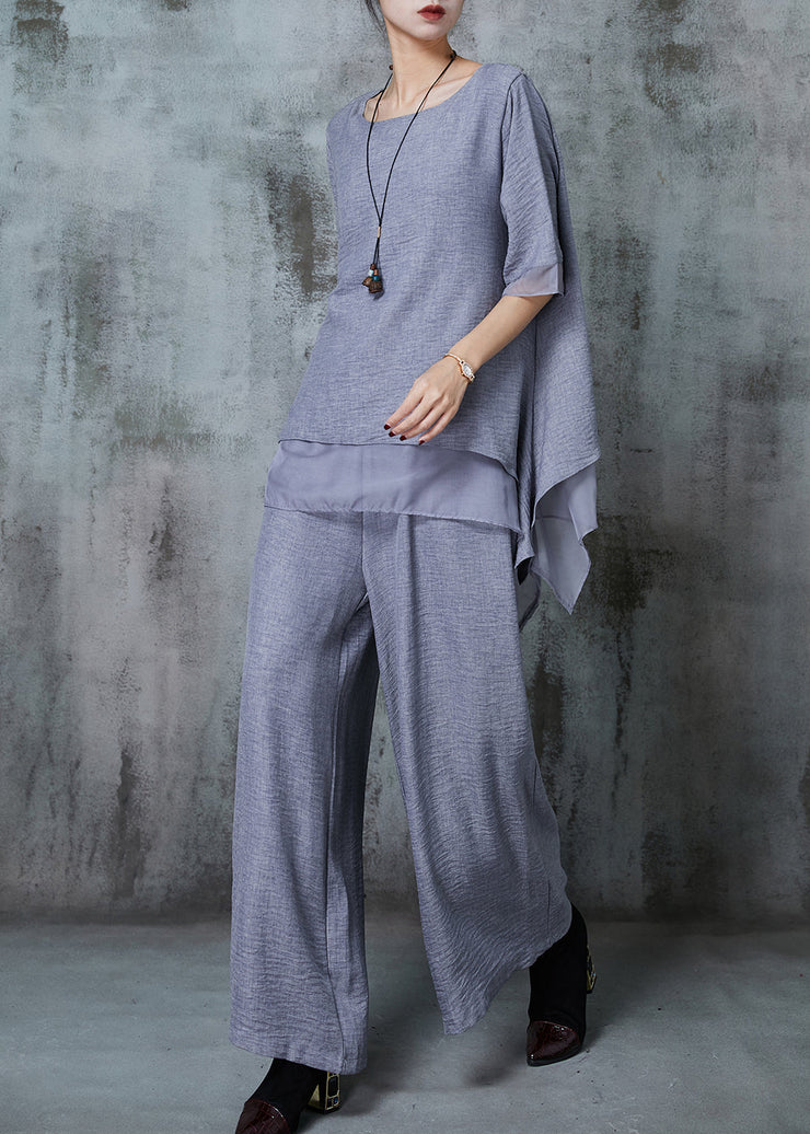 Elegant Grey Oversized Patchwork Linen Two Pieces Set Summer