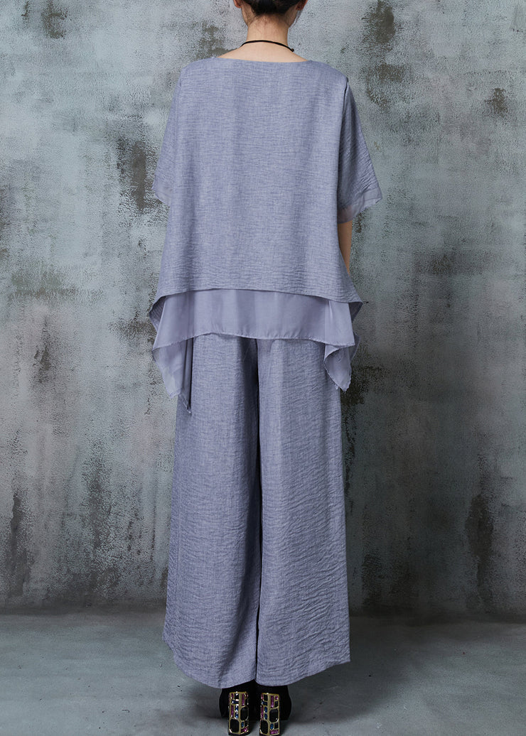 Elegant Grey Oversized Patchwork Linen Two Pieces Set Summer