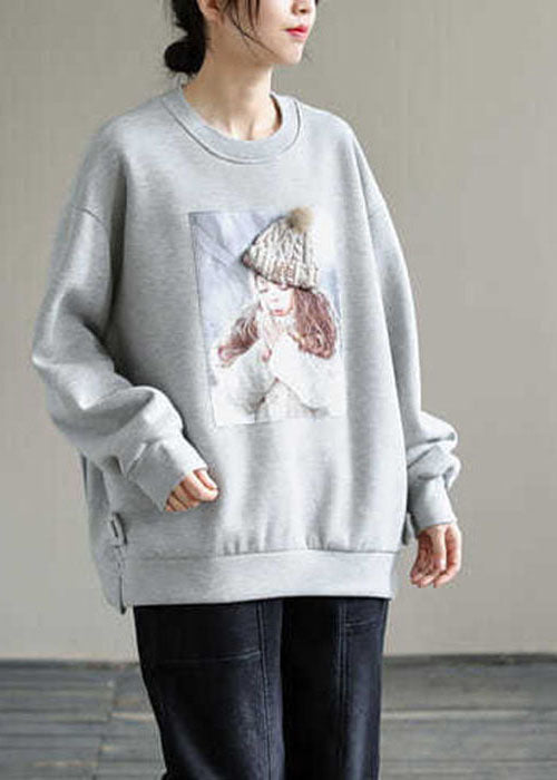 Elegant Grey Oversized Print Warm Fleece Sweatshirts Top Winter