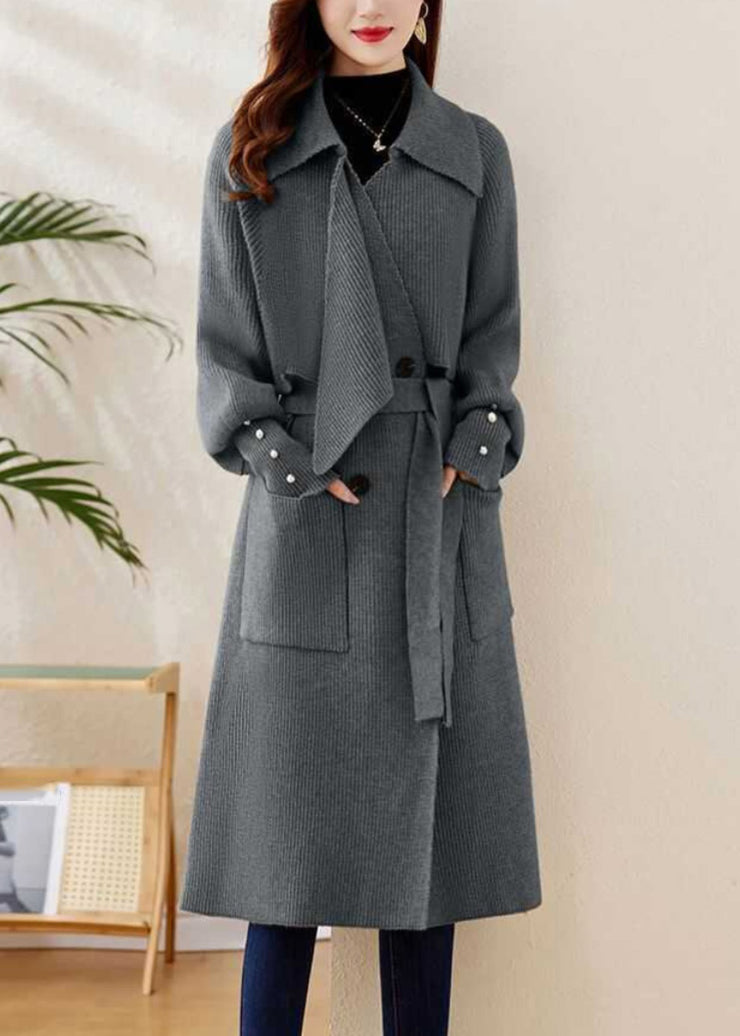 Elegant Grey Peter Pan Collar Tie Waist Knit Coats Winter