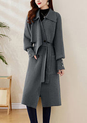 Elegant Grey Peter Pan Collar Tie Waist Knit Coats Winter