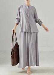 Elegant Grey Stand Collar Cotton Tops And Skirts Two Pieces Set Fall