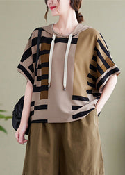 Elegant Grey Striped Patchwork Hooded Shirt Summer