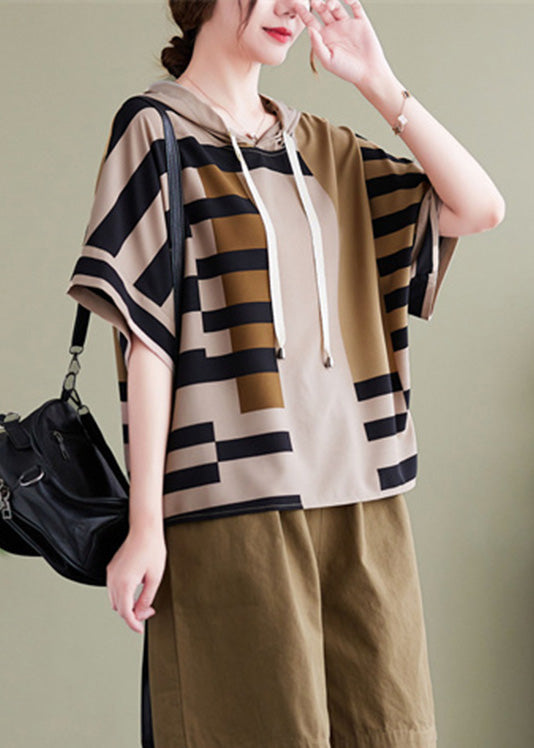 Elegant Grey Striped Patchwork Hooded Shirt Summer