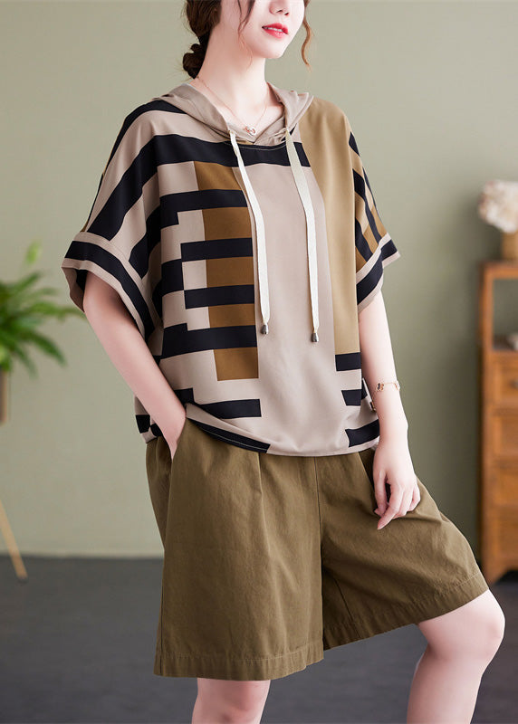 Elegant Grey Striped Patchwork Hooded Shirt Summer