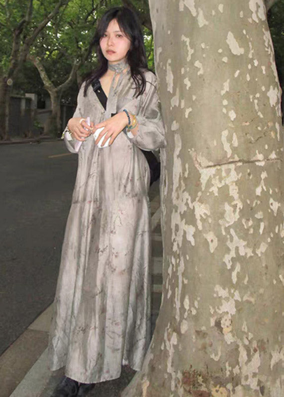 Elegant Grey V Neck Print Patchwork Silk Holiday Maxi Dress Long Sleeve