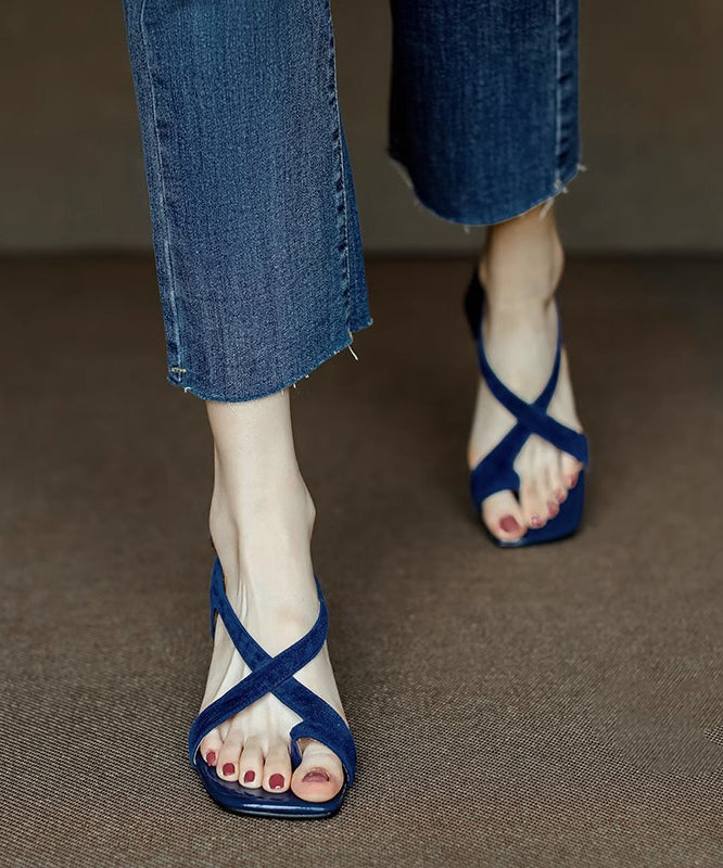 Elegant Hollow Out Chunky Sandals Blue Suede