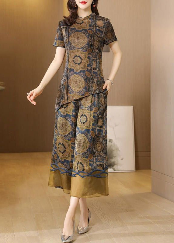 Elegant Khaki Asymmetrical Design Print Silk Two Pieces Set Summer