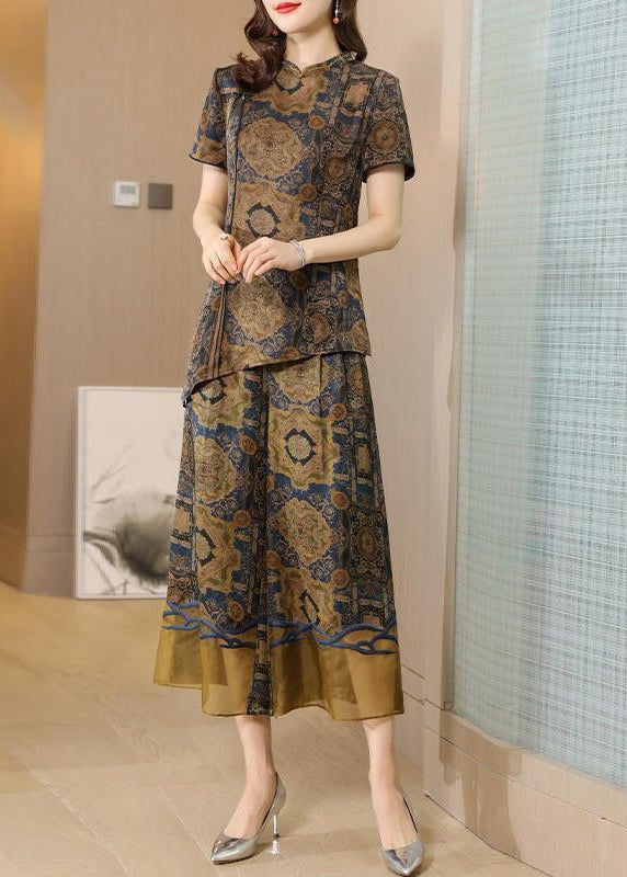 Elegant Khaki Asymmetrical Design Print Silk Two Pieces Set Summer