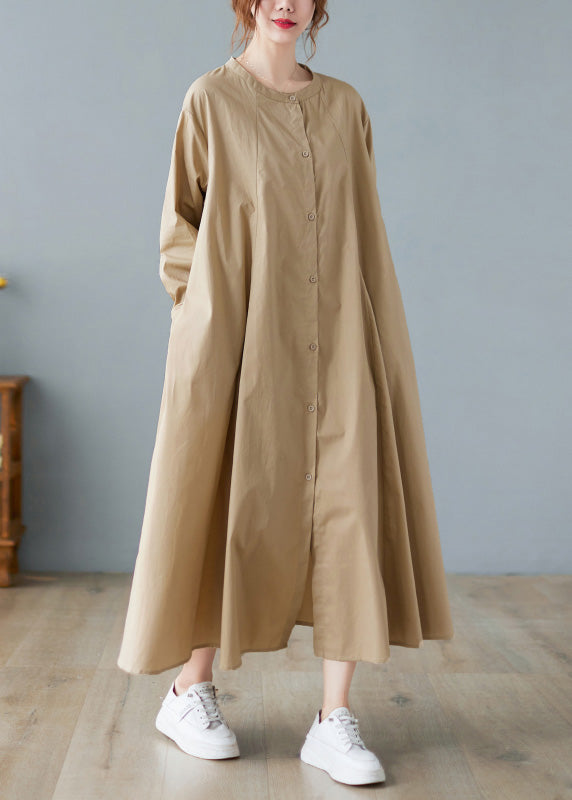 Elegant Khaki O-Neck Button Cotton Long Shirts Dress Long Sleeve