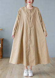 Elegant Khaki O-Neck Button Cotton Long Shirts Dress Long Sleeve