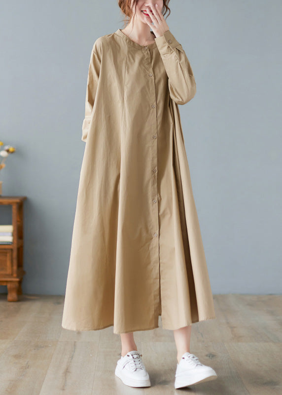 Elegant Khaki O-Neck Button Cotton Long Shirts Dress Long Sleeve