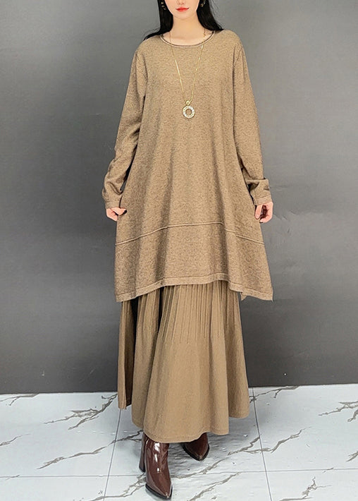 Elegant Khaki O Neck Cotton Two Pieces Set Fall