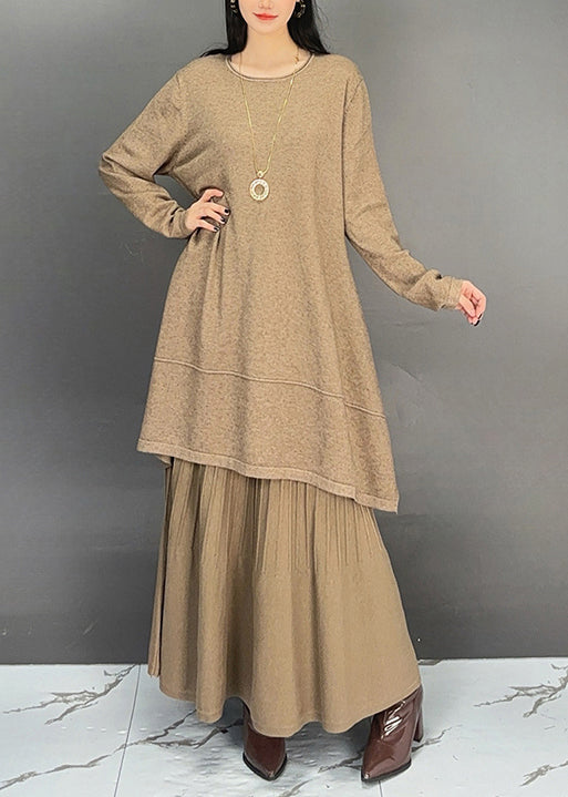 Elegant Khaki O Neck Cotton Two Pieces Set Fall