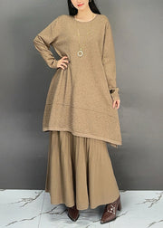 Elegant Khaki O Neck Cotton Two Pieces Set Fall