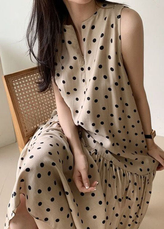 Elegant Khaki O Neck Patchwork Dot Print Cotton Dresses Summer