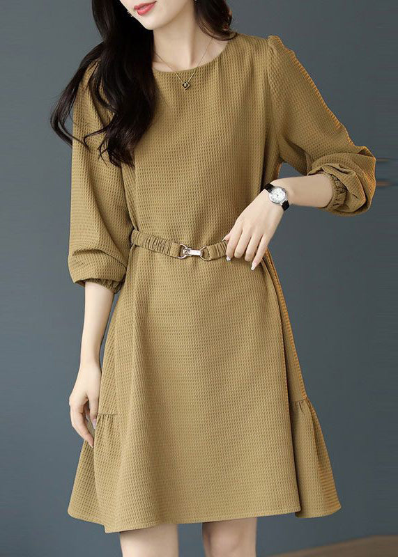 Elegant Khaki O Neck Sashes Cotton Mid Dress Long Sleeve