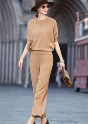 Elegant Khaki O Neck Tops And Pants Knit Two Pieces Set Spring