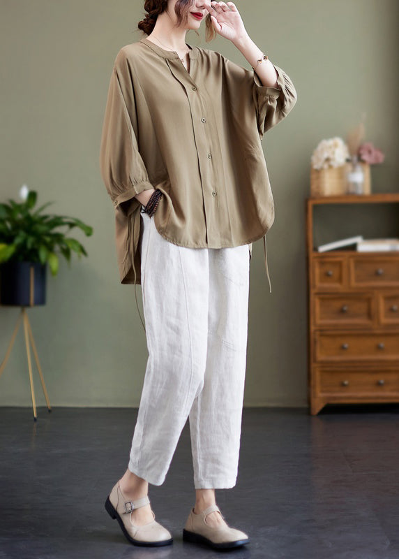 Elegant Khaki Oversized Drawstring Cotton Shirt Top Bracelet Sleeve