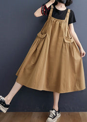 Elegant Khaki Oversized Pockets Cotton Strap A Line Dress Summer