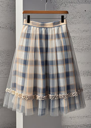 Elegant Khaki Plaid Tulle Pleated Skirt Summer