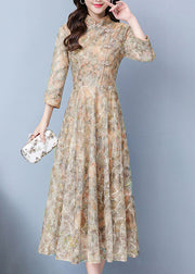 Elegant Khaki Print Exra Large Hem Lace Oriental Dresses Spring