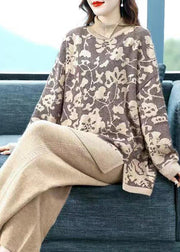 Elegant Khaki Print Tops And Pants Woolen Two Pieces Set Fall