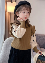 Elegant Khaki Ruffled Patchwork Bow Cotton Knit Kids Sweaters Winter