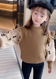 Elegant Khaki Ruffled Patchwork Bow Cotton Knit Kids Sweaters Winter