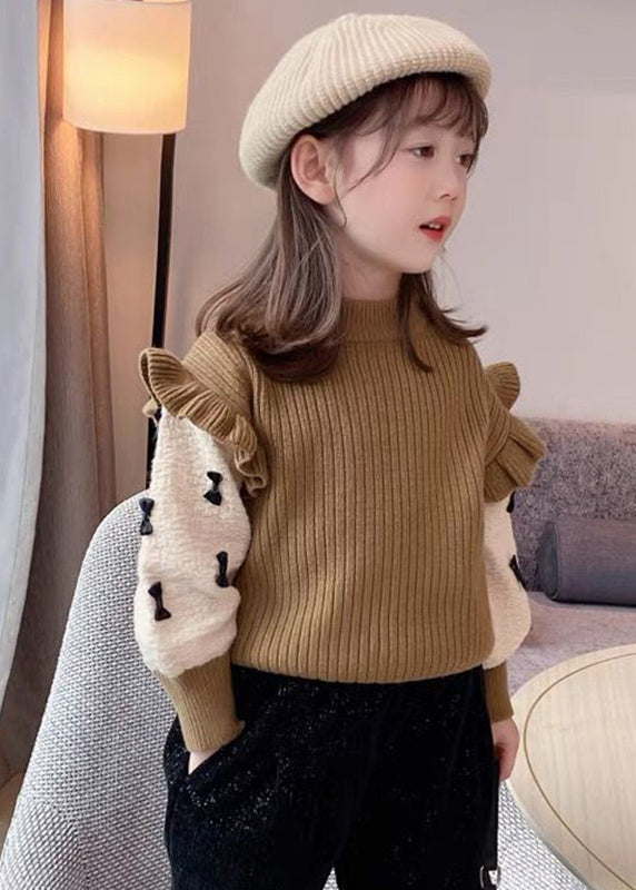 Elegant Khaki Ruffled Patchwork Bow Cotton Knit Kids Sweaters Winter