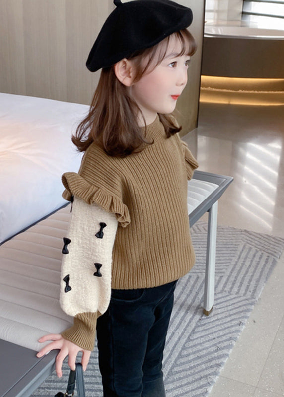 Elegant Khaki Ruffled Patchwork Bow Cotton Knit Kids Sweaters Winter