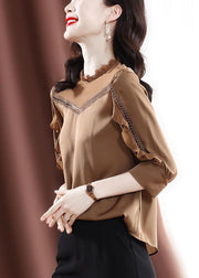 Elegant Khaki Ruffles Patchwork Hollow Out Chiffon Shirt Tops Bracelet Sleeve