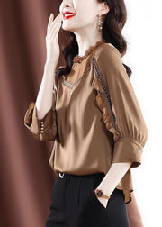 Elegant Khaki Ruffles Patchwork Hollow Out Chiffon Shirt Tops Bracelet Sleeve