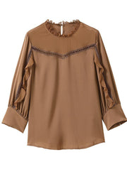 Elegant Khaki Ruffles Patchwork Hollow Out Chiffon Shirt Tops Bracelet Sleeve